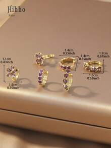 Hihho 6pcs Minimalist Sparkling Cubic Zirconia Inlaid 5-Petal Flower Pendant Earrings, Heart-Shaped Earrings, Purple Ombre Earrings Set, Luxury Jewelry Gift - Purple - View 4