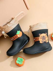 Cartoon Kids Rain Boots, Mid-Calf Girls Rain Shoes, Boys Waterproof Boots, Ages 2-9 - Black - View 4