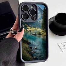 Cubierta de teléfono con borde negro y diseño de paisaje montañoso con lago cristalino para iPhone 14 Pro Max estilo natural escénico ideal para uso diario y viajes - Burdeos - Ver 3