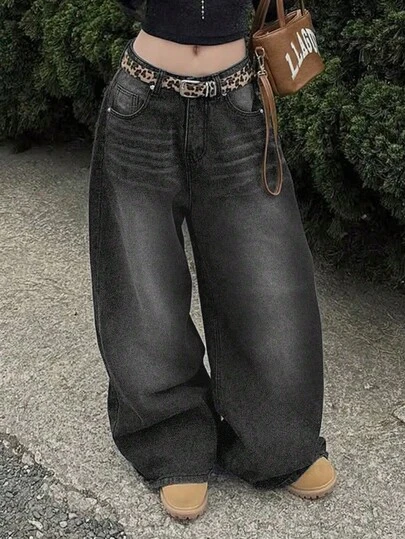 Vintage High Street Washed Dark Grey Denim Jeans For Women, Fashionable Loose Straight Leg Casual Wide Leg Pants, Spring/Summer