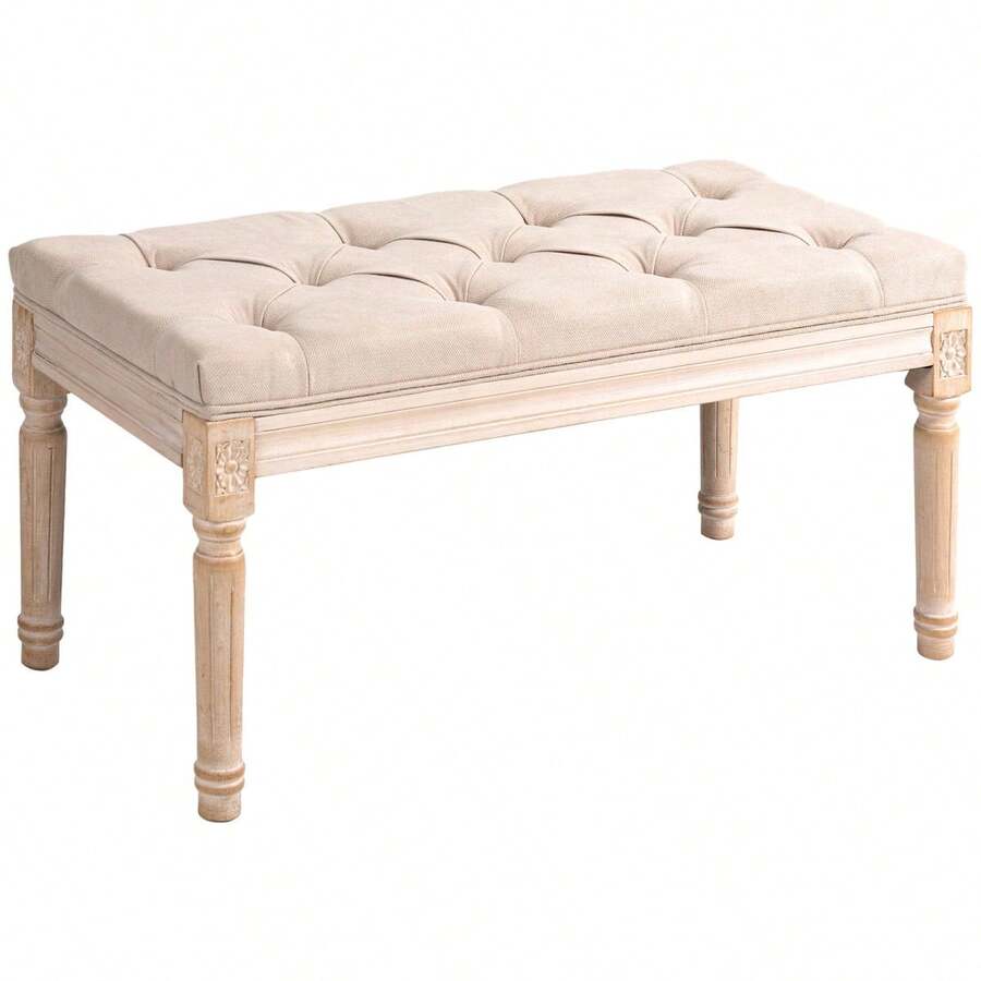 HOMCOM Vintage Buttoned Upholstered Bench, Linen Look, Up To 120 Kg Load Capacity, 80x40x43 Cm, Beige, For Hallway And Living Room - 1 - 查看 1