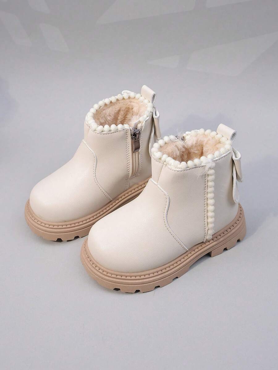 Toddler Girls' Fashion Bowknot Boots, Mid-Top Children Shoes, Side Zipper Flat Casual Ankle Boots For Girls - Beige - View 1