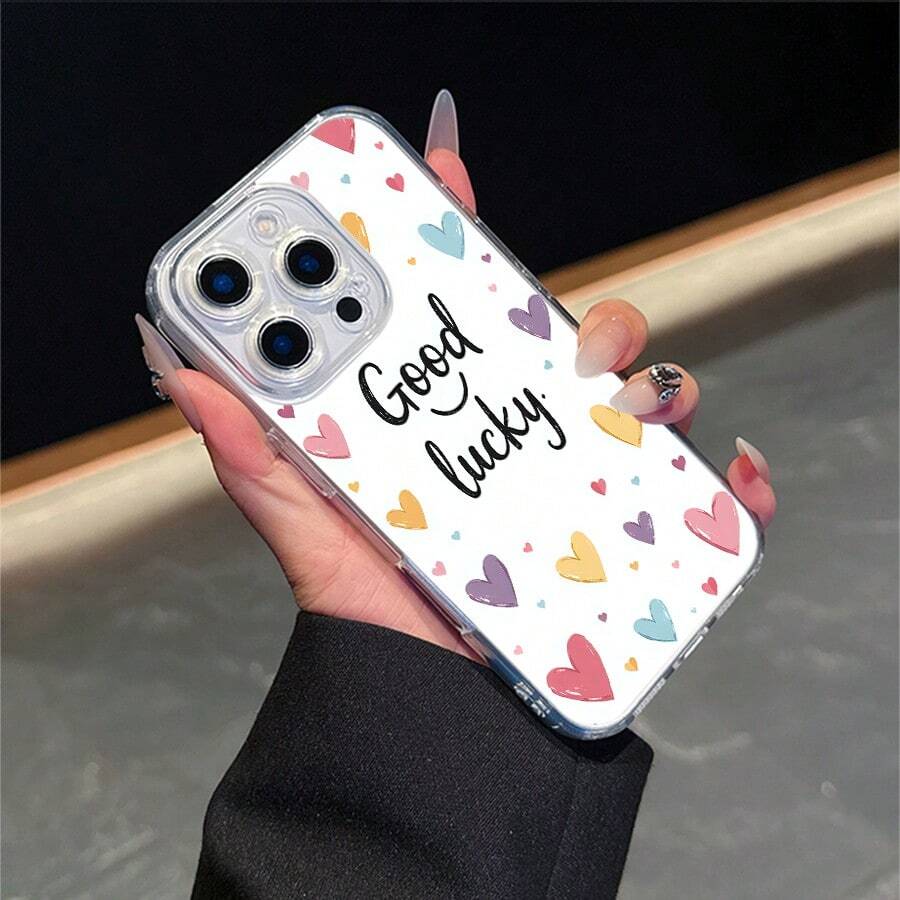 CLEAR CASE Good Luck Surrounded By Colorful HeartsCompatible With 11 To 17 Models The Cases Lens Protection Function Ensures The Camera Remains Undamaged During Shooting Guaranteeing Image Quality - Clear - View 1