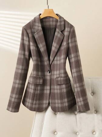 Plaid Blazer High-End Wool Blend Jacket For Women, Fashionable Casual Woolen Suit Jacket, Winter