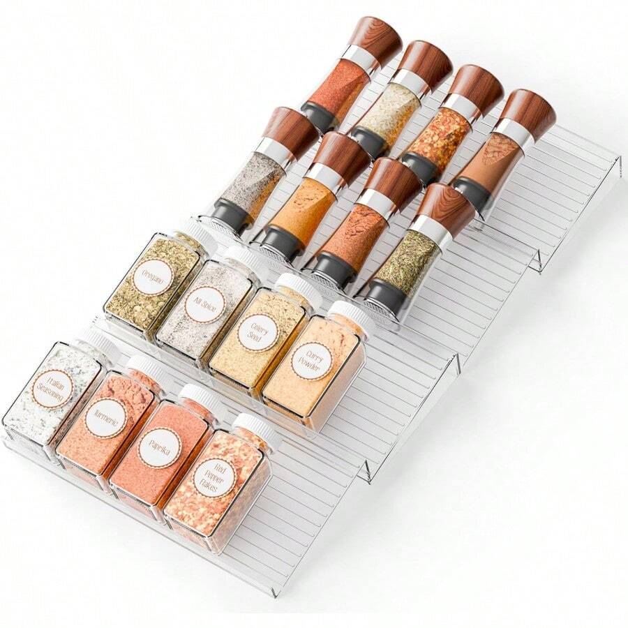 Yieach 4 Pack Adjustable Narrow Spice Rack For Drawer - Expandable From 9" To 17.7" - Acrylic Drawer Seasoning OrganizerTiered Clear Spice Tray For Spices Condiment Nail Polish And Jar Organization - Clear - View 1