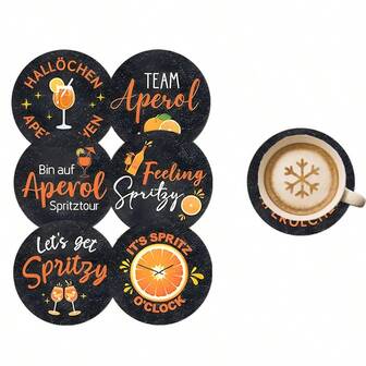 6个装 Aperol Spritz 鸡尾酒杯垫，为饮品增添独特魅力，耐热桌面垫，防滑垫，适合作为礼物