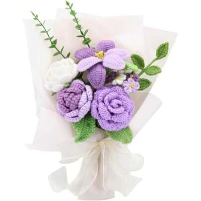 Handmade Crochet Sunflowers Rose Daisy For Lover Family Friends. Crochet Bouquet Crocheted Yarn Flowers Artificial Flower Finished Bouquet Purple
