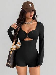 AITYI Studio Damen Jumpsuit, lässig für den Alltag, sexy Chic Outdoor, Abschluss, Schulanfang, Weihnachten, Herbst/Winter, elastischer Strick Langarm Shorts, gut sitzend - Schwarz - Übersicht 4