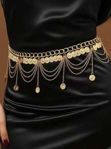 1条时尚金币腰链，适合搭配各种场合的连衣裙 - 金色 - 查看 3