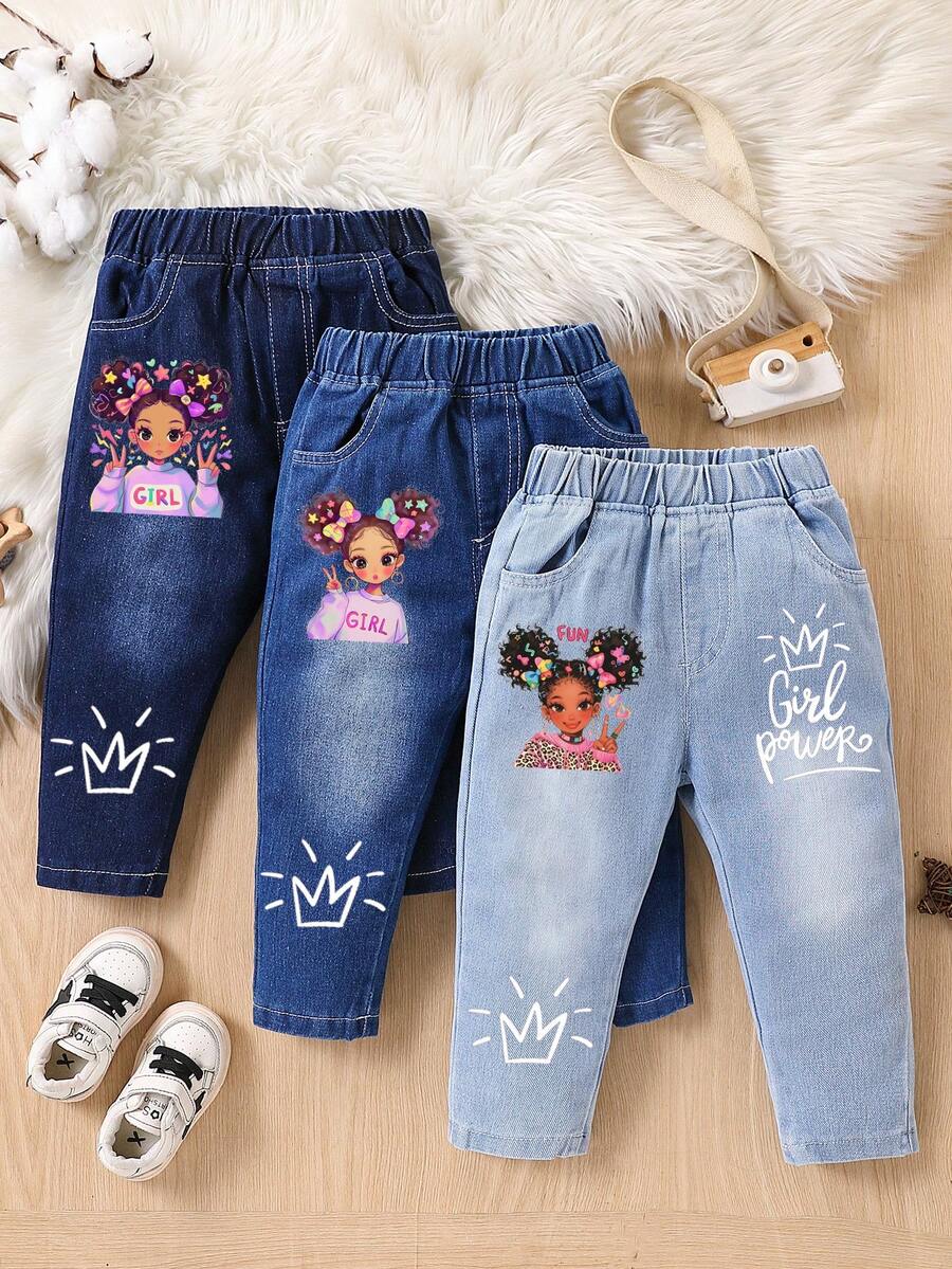 3pcs/Set Baby Girls' Cartoon Girl Print Simple Washed Denim Long Pants Outfit, Spring/Autumn - Multicolor - View 1