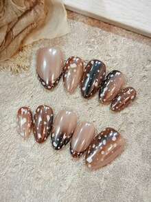 10片鹿纹短款杏仁形可爱假指甲，棕色，手工法式美甲贴片，适合女性日常佩戴 - 棕色 - 查看 2