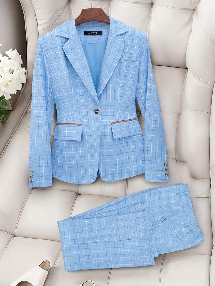 HOMEYEE Women's Plaid Suit Set, Business Professional Casual Blazer Jacket And Pants, Versatile Style Suitable For Various Occasions And Vacation, 2 Pieces Set - Blue - View 1
