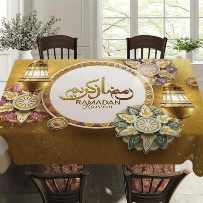 1 pieza Mantel con tema de linterna dorada de Ramadán, mantel de mesa de comedor decorativo para del festival islámico, mantel rectangular de poliéster, fácil de limpiar, esencial para reuniones familiares, adecuado para comedor diario, sala de estar, fiestas en el hogar, uso interior/exterior