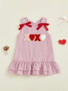 Baby Girl Valentine's Day Dress Sleeveless Bow Front Heart Embroidered Tank Dress Toddler Casual Dress