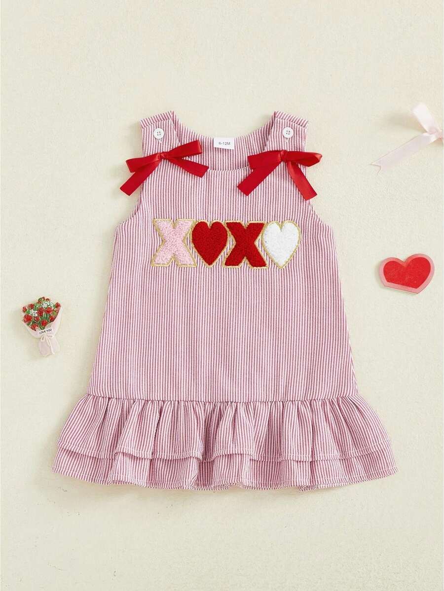 Baby Girl Valentine's Day Dress Sleeveless Bow Front Heart Embroidered Tank Dress Toddler Casual Dress