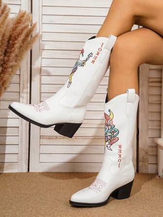 New Fashion Women's Pointed Toe Chunky Heel Embroidered Cowboy Boots