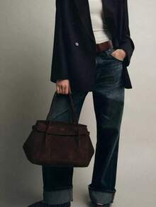 Suede Urban Bag. Comes With A Shoulder Strap. Adjustable Drawstring On The Side, With Metal Buckle. Interior Has A Zipper Pocket. Flap With Magnetic Snap Closure. Suitable For Commuting Or Dating. A Great Gift Item. - Coffee - View 2