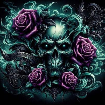 1pc 5D DIY Gothic Mysterious Purple Rose Skull Dark Art Creative Diamond Painting Kit | DIY Full Round Diamond Painting Canvas Art | Mosaic Craft Set | Suitable For Home And Office Decor, Gift, Leisure & Stress Relief | Frameless Diamond Painting For Adult Beginners