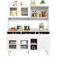 Tall Dining Room Cabinet (145 X 39 X 171) With Perforated Glass Doors, Wine Glass Rack, Multi-Level Storage, Elegant Black With Gold Decoration, Suitable For Dining Room Use (Previous Sku: N620P1915222324S) - White + MDF - 查看 8