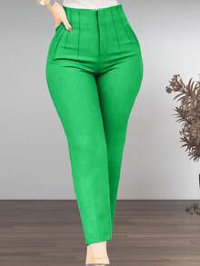 Pantalón con pinzas de cintura alta para dama - Verde - Ver 3