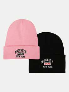 2pcs Unisex Letter Embroidered Brimless Beanie Hats, Streetwear Style