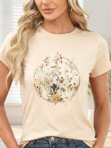 T-Shirt With Circular Floral Print For Spring And Summer - Apricot - View 6