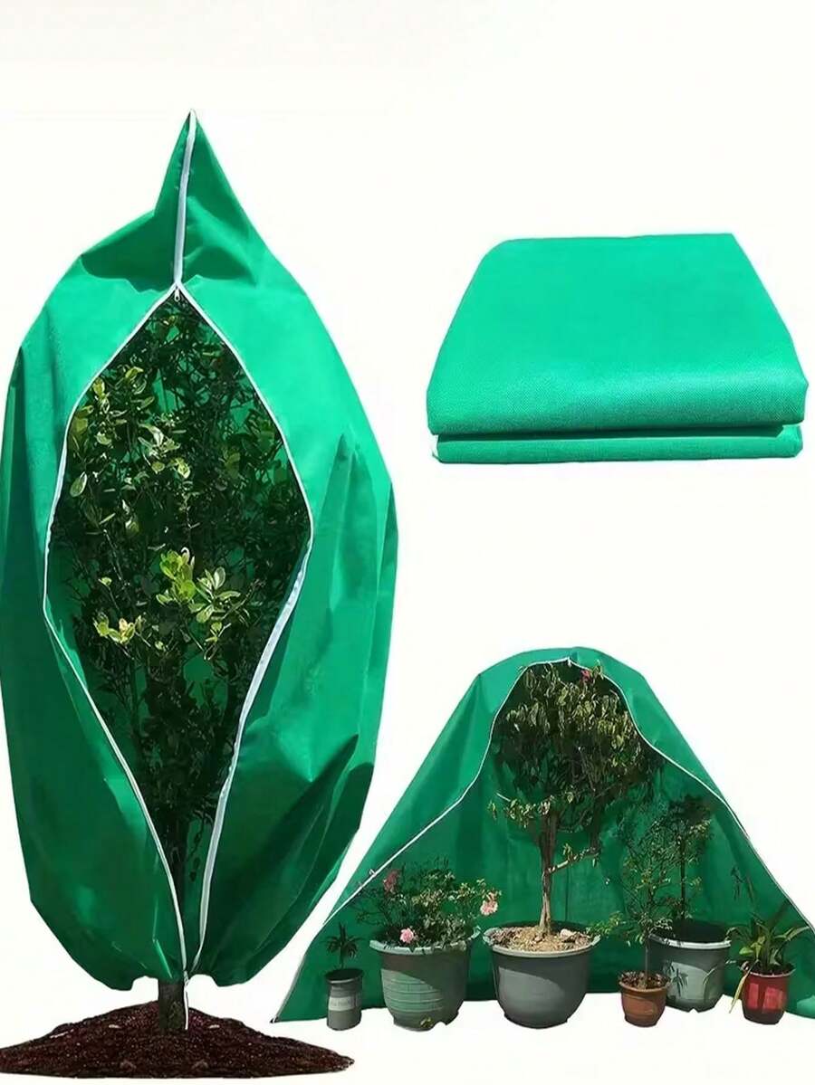1件绿色植物保护罩，带拉链和绳子 - 耐用无纺羊毛防冻毯，适用于树木、灌木和盆栽植物，冬季保暖毯
