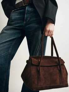 Suede Urban Bag. Comes With A Shoulder Strap. Adjustable Drawstring On The Side, With Metal Buckle. Interior Has A Zipper Pocket. Flap With Magnetic Snap Closure. Suitable For Commuting Or Dating. A Great Gift Item. - Coffee - View 3