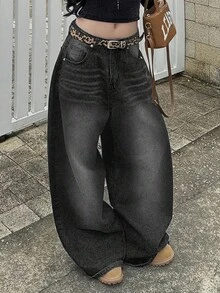 复古高街水洗深灰色牛仔裤，女士时尚宽松直筒休闲阔腿裤，春夏款 - 深灰色 - 查看 5
