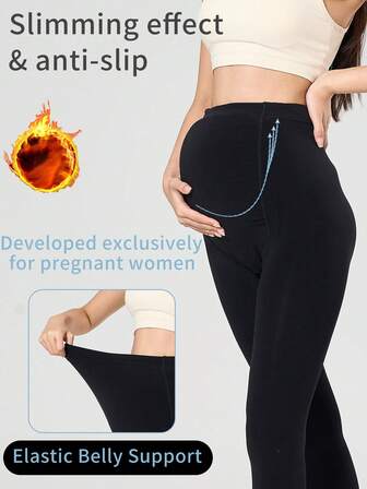 1PC Maternity Thermal Lined Thermal Tights, Thickened For Autumn And Winter, With Adjustable Waistband And Belly Support, Cropped Length And Flat Cuffs, Suitable For Daily Wear, Cozy Tights