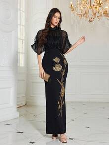 UNITHORSE 女士立领半袖亮片网纱拼接修身开衩晚礼服、伴娘礼服、正式晚宴礼服、新娘礼服、婚礼宾客礼服、春季派对礼服 - 黑色 - 查看 1