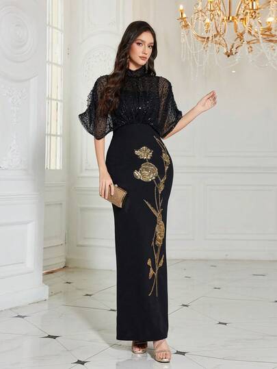  UNITHORSE 女士立领半袖亮片网纱拼接修身开衩晚礼服、伴娘礼服、正式晚宴礼服、新娘礼服、婚礼宾客礼服 黑色 春季派对