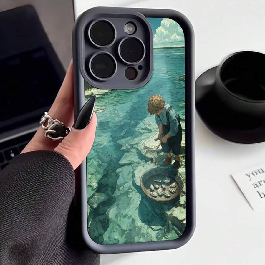 Cubierta de teléfono con borde negro diseño de niño pescando en agua cristalina para uso diario y viajes - Café integral - Ver 1
