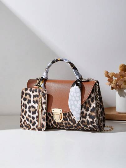 2 pezzi/Set Borsa a spalla da donna con tracolla a catena e sciarpa, Borsa a mano e Portamonete