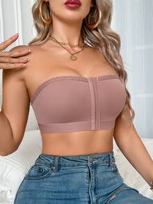 1pc Solid Color Casual - Comfortable Minimalist Knit Fabric Front Button Wireless Bralette For Women, All Season - Dusty Pink - View 7