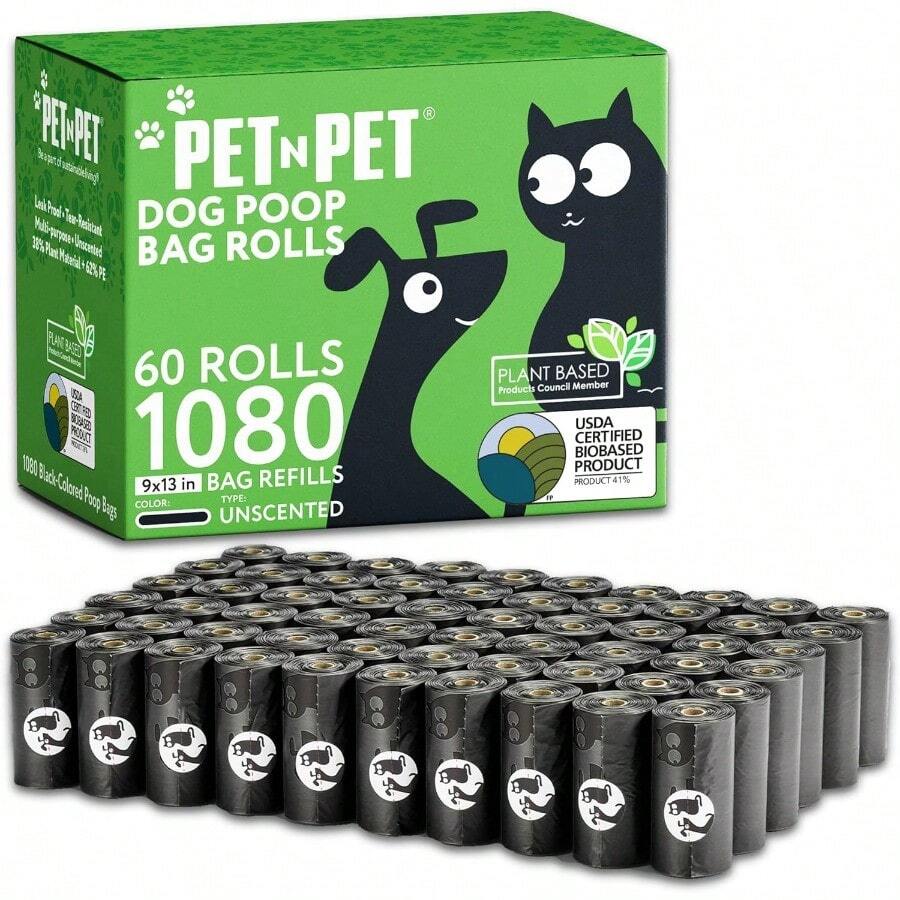1080 Counts Black Poop Bags For Dogs 41% Plant Based And 59% PE Extra Thick Dog Poop Bags Rolls 9" X 13" Unscented Pet Waste Bag - Blackrefills - View 1