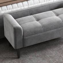 Upholstered Benches With Armrests, Bed Benches, Bed Stools, Bedroom Benches, Piano Benches, Dining Benches With Plaid Pattern, Velvet, MDF, Grey - Gray + Velvet - View 9