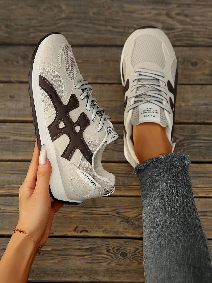 Women's Fashion Flat Platform Lace-Up Geometric Color Block Sneakers, Low-Top Casual Campus Student Versatile Athletic Shoes