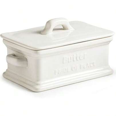 Butter Dish With Lid, Ceramic Butter Dish For Countertop Butter Holder Container Large Butter Keeper For East West Coast Butter, White