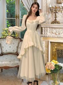 Women's Elegant Evening Party Dress Long Sleeve Ruffles Mesh Patchwork Dresses Christmas Birthday Wedding Guest Dress Autumn French Style Female Fall Vintage Chic New Year Night Going Out Outfits