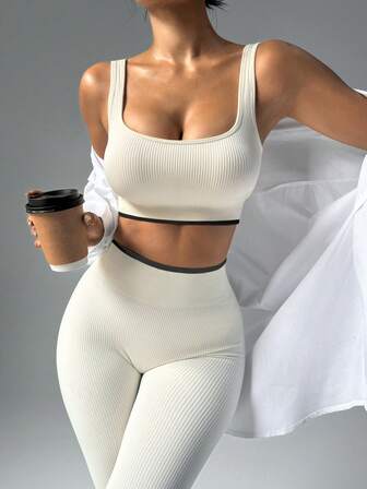 2pcs/Set Seamless Camisole And Leggings, Breathable And Comfortable, Soft And Skin-Friendly, Suitable For Daily Wear, Outdoor, Sports, Fitness, Women Activewear Set, Women Sportswear Set, Leggings 2 Pieces Set