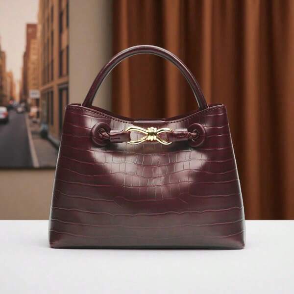 [Luxury Crocodile Embossed + Woven Strap] Burgundy Gold Hardware Decorated Handbag, 24cm Medium Capacity Tote Shoulder Bag For Women, 2025 New Retro High-End Business Commuter Tote Bag, Dual-Use Leather Handbag Suitable For Commuting, Work, Business, Formal Occasions, Can Fit Phone