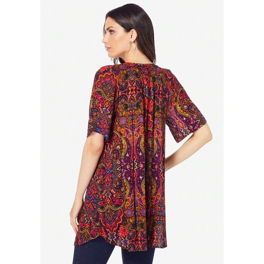 Roaman's Women's Plus Size Angelina Tunic Top – Short Sleeve, Flowy Fit, Everyday Comfort - 黑色花莖 - 查看 1