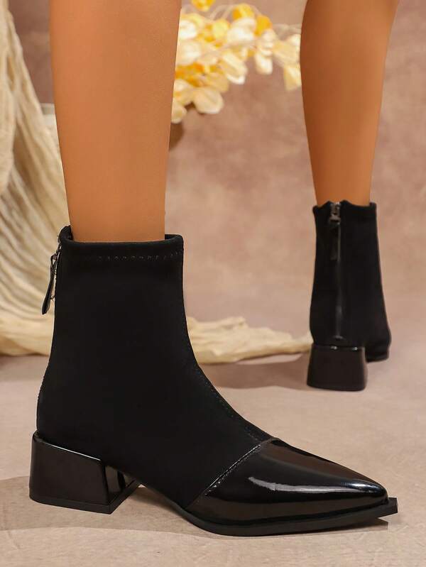 Women's New Fashion Solid Color PU Leather Back Zipper Western Style Chunky Heel Ankle Boots, Versatile & Comfortable Warm Chunky Heel Fashion Booties