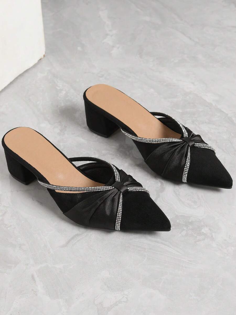 Zapatos de tacón grueso con punta puntiaguda, decorados con rhinestones, de uso versátil y cómodo, para mujer, para primavera/otoño - Negro - Ver 1