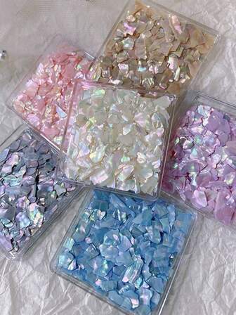 2 Boxes/1 Box Bohai Bay Shell Fragments, Square Box Shell Chips, Colorful Abalone Shell Fragments For Nail Art, Ultra-Thin White Nail Gold Foil Decorations, Diamond Accessories, Nail Art Shell Chip Stone, Japanese Style Ultra-Thin Natural Bohai Bay Abalone Shell Fragment Nail Decoration Set