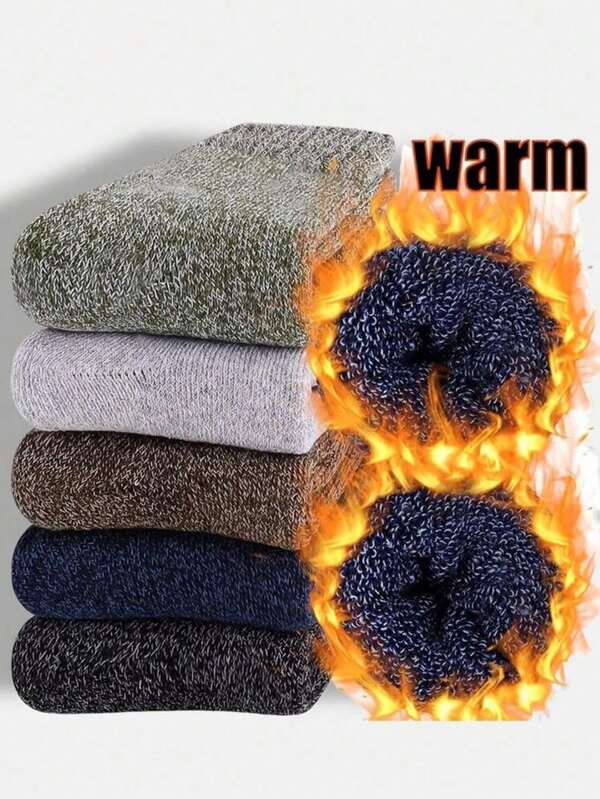 5 Pairs Men's Solid Color Knitted Socks, Winter Socks, Fashionable And Comfortable Mid-Calf Socks For Keeping Warm