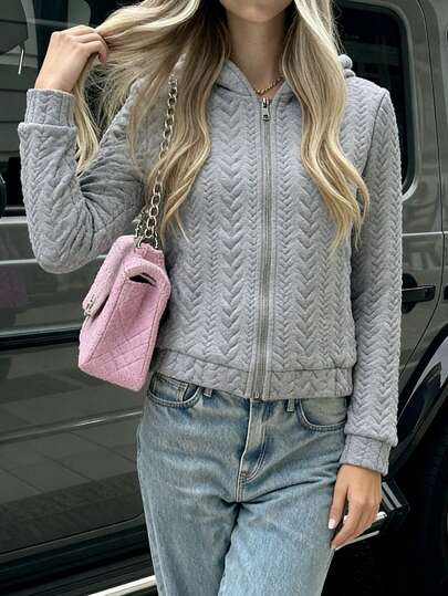 Casual Grey Jacquard Hooded Zip-Up Sweatshirt
