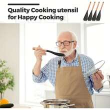1pcs Cooking Spoons For Nonstick Cookware 12 Inch Silicone Spoon Spatula With Wood Handle For Cooking, Serving, Mixing, Scoop, And Scrape, Black - Black - View 2