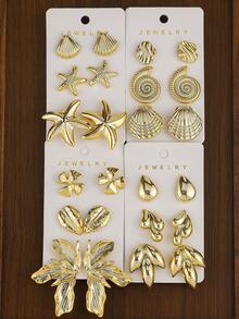 3-12 Pairs/Set Fashionable Minimalist Design, Summer Vacation Style Starfish, Shell, Conch Multi-Element Earrings, Girls Daily Wear, Christmas And Valentine's Day Gifts - #4 Gold - View 1